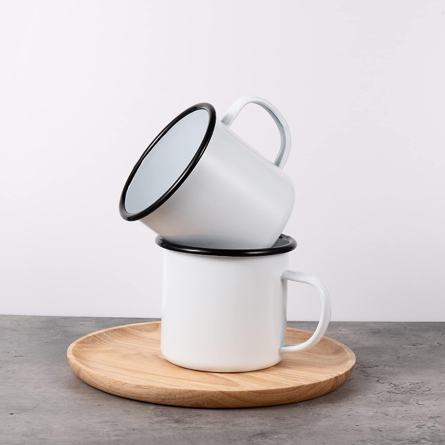 IMEEA White Enamel Cups displayed together on a wooden tray with a simple and timeless tabletop presentation
