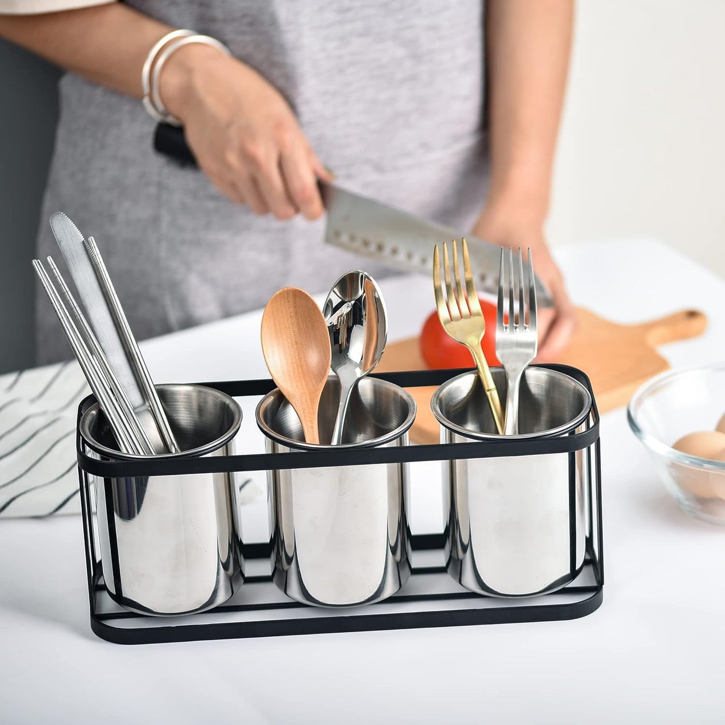 Silverware Caddy for Countertop Kitchen Utensil Holder Stainless Steel Utensil Caddy Cutlery Holder with Black Metal Rack