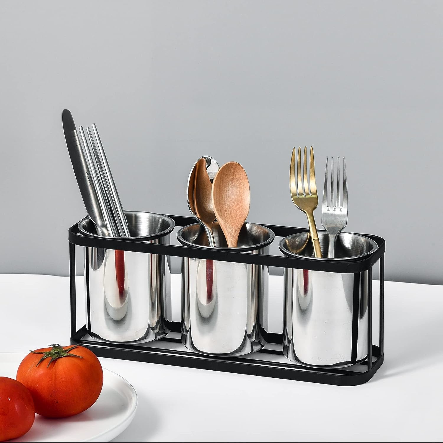 Silverware Caddy for Countertop Kitchen Utensil Holder Stainless Steel Utensil Caddy Cutlery Holder with Black Metal Rack